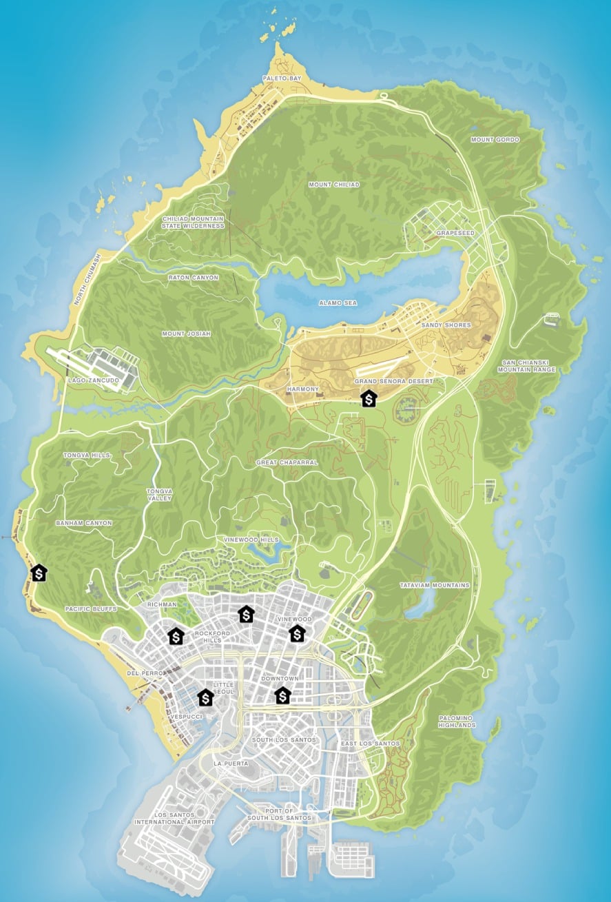 Banks in the GTA 5 game on the map