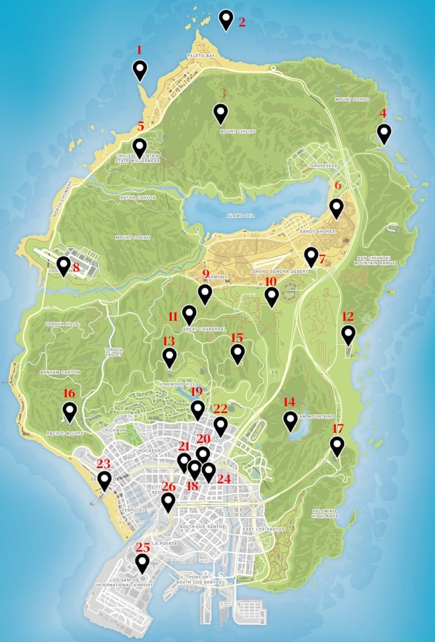 Map of all 26 UFO locations in GTA Online