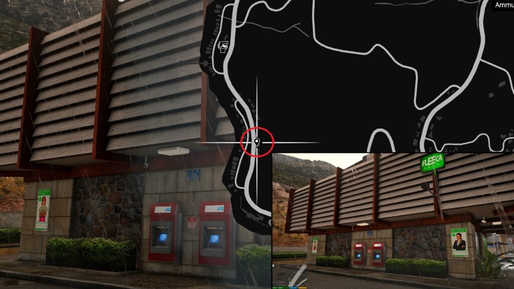 2 wall-mounted ATMs at the Fleeca (Los Santos County Branch) located on the Great Ocean Highway (Route 1) in Banham Canyon, Los Santos County