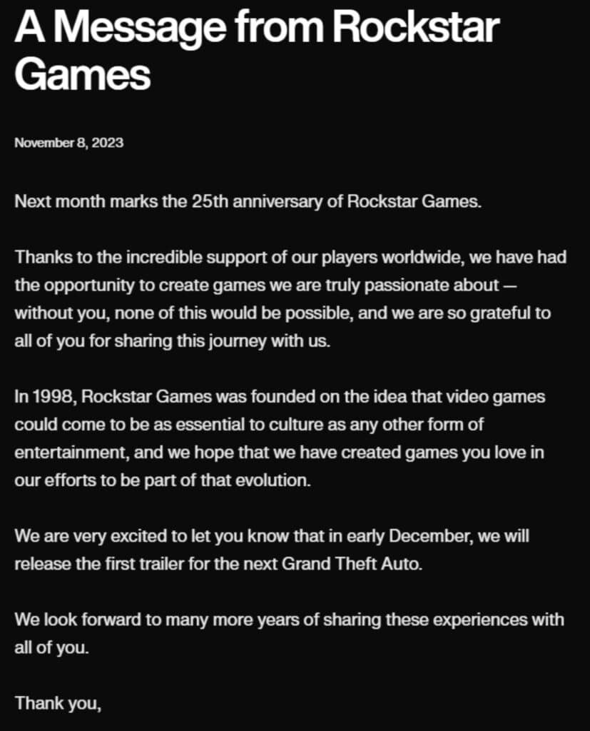 Rockstar’s official announcement about the first trailer of GTA 6