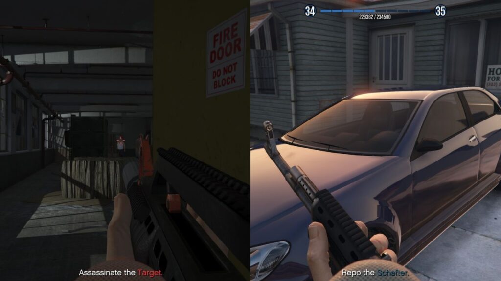 The player about to assassinate a target and repo the Schafter.