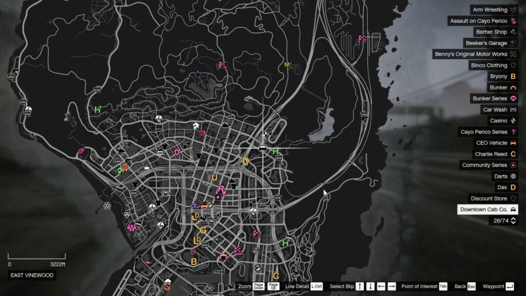 GTA Online Karte, die den Standort der Downtown Cab Co. zeigt.