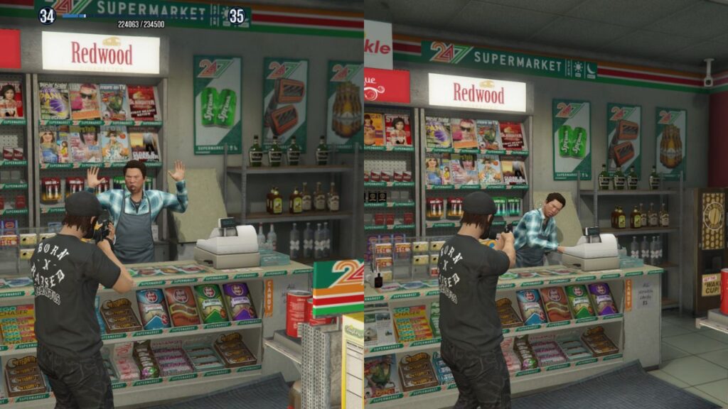 A beginner player robbing the 24/7 Store in GTA Online.
