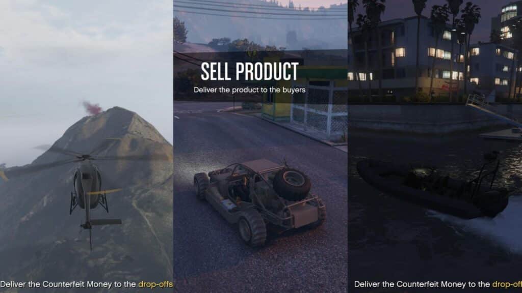 The player delivering counterfeit cash using a helicopter, buggy, and dinghy.
