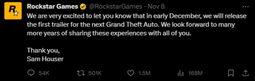 Ein Tweet von Rockstar Games