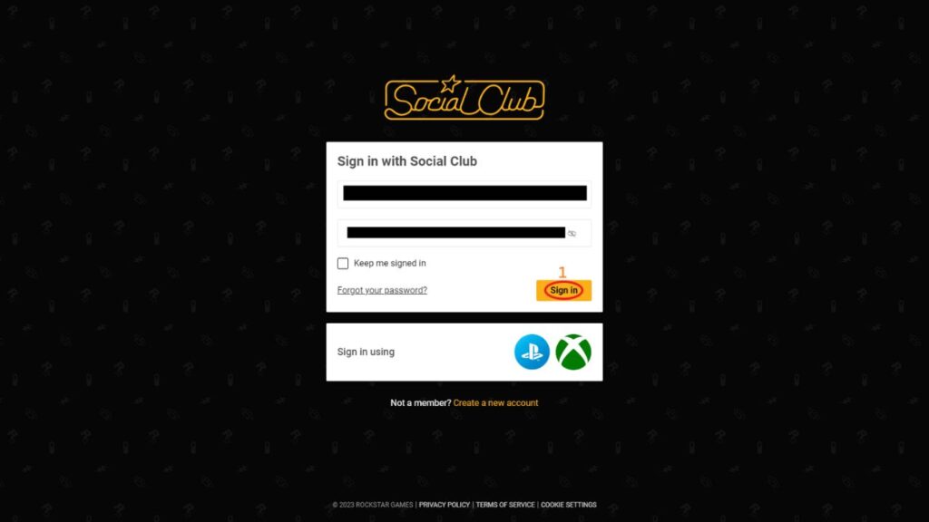 Social Club member login interface.