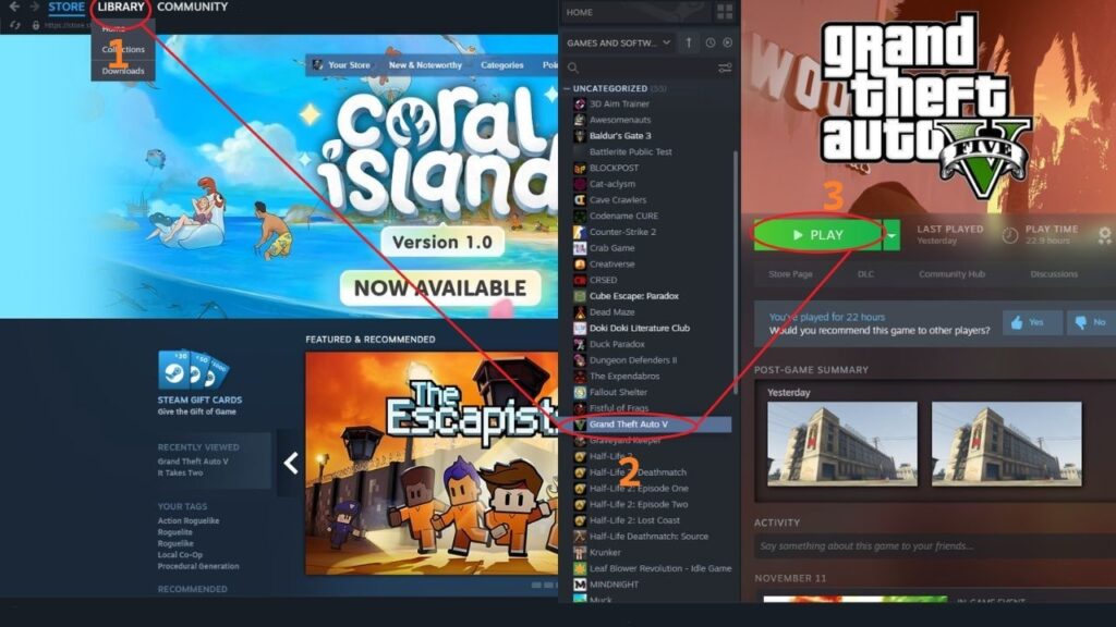 Steam Store, Library, and GTA V UI.