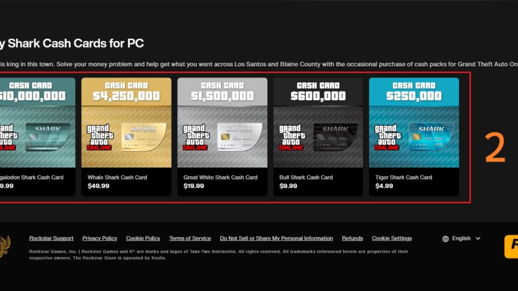 Different Shark Cash Cards in the Rockstar Games GTA store.