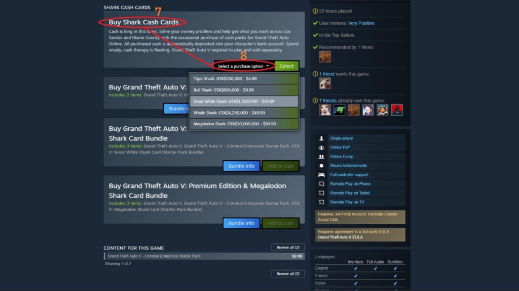 Shark Cash Card options in the GTA V store page.