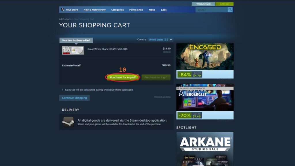 Steam Shopping Cart UI with the Great White Shark Cash Card ready to purchase.