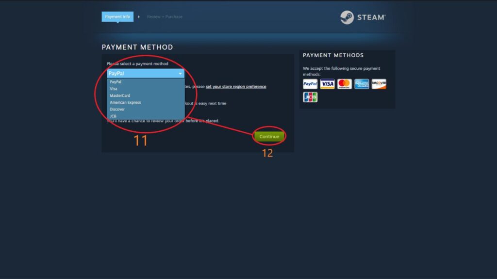 Steam payment method selection UI.