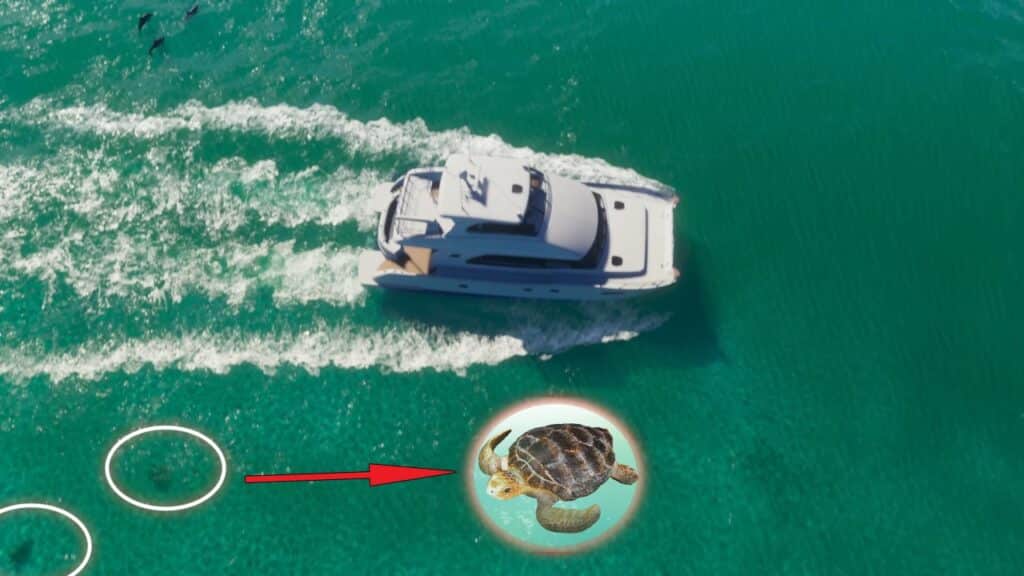 Loggerhead turtles along with the yacht