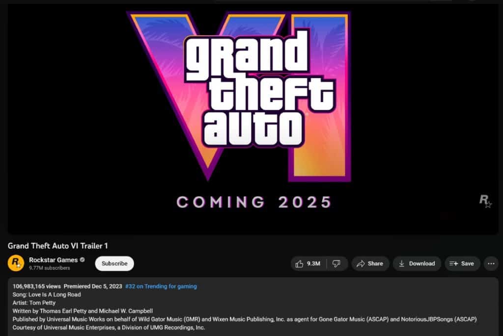 The current views and likes of the "Grand Theft Auto VI Trailer 1"