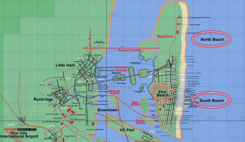 Die Lage von North Beach, South Beach und Vice Beach auf dem Kartierungsprojekt