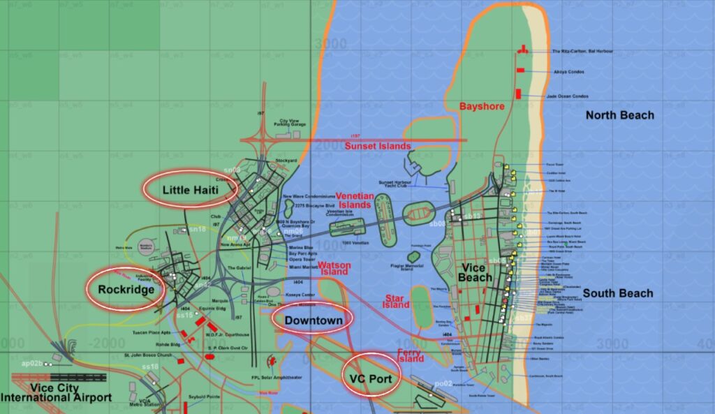 Little Haiti, Rockridge, Downtown und Vice City Port im Mapping-Projekt