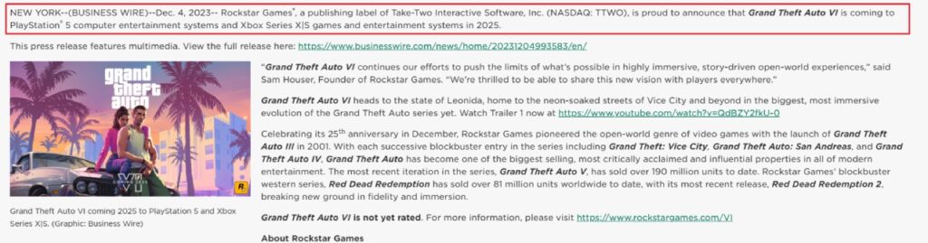 The official announcement from Take2-Interactive