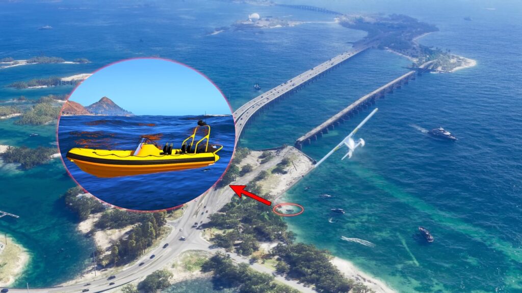 Das Nagasaki-Schlauchboot wird in der Luftbildszene in der Nähe des Landes gesichtet