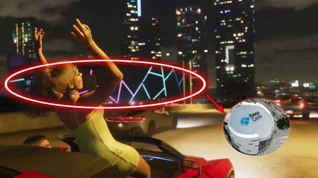 Das Gebäude mit den bunten LED-Leuchten drum herum ist die NBA-Arena der Miami Heat