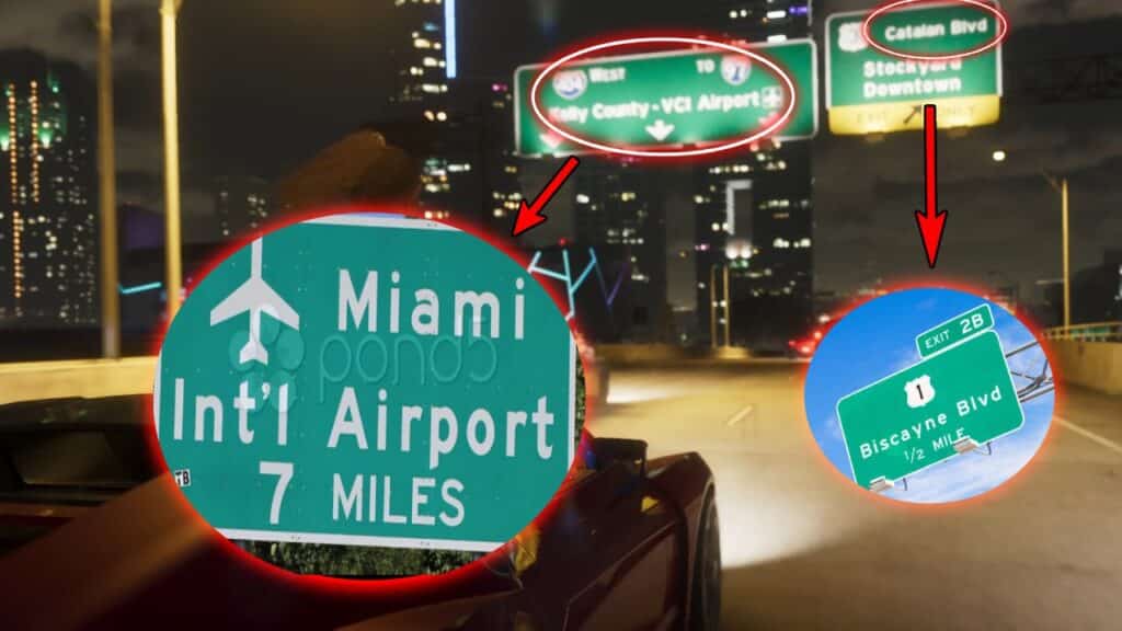 Die VCI-Flughafenbeschilderung im GTA 6-Trailer, die in Wirklichkeit der Flughafen von Miami sein könnte, zusammen mit dem katalanischen Boulevard, der dem Biscayne-Boulevard in Wirklichkeit ähnelt.