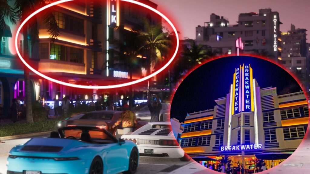 Die Struktur des Boardwalk Hotels und sein reales Gegenstück - das Breakwater Hotel in Miami