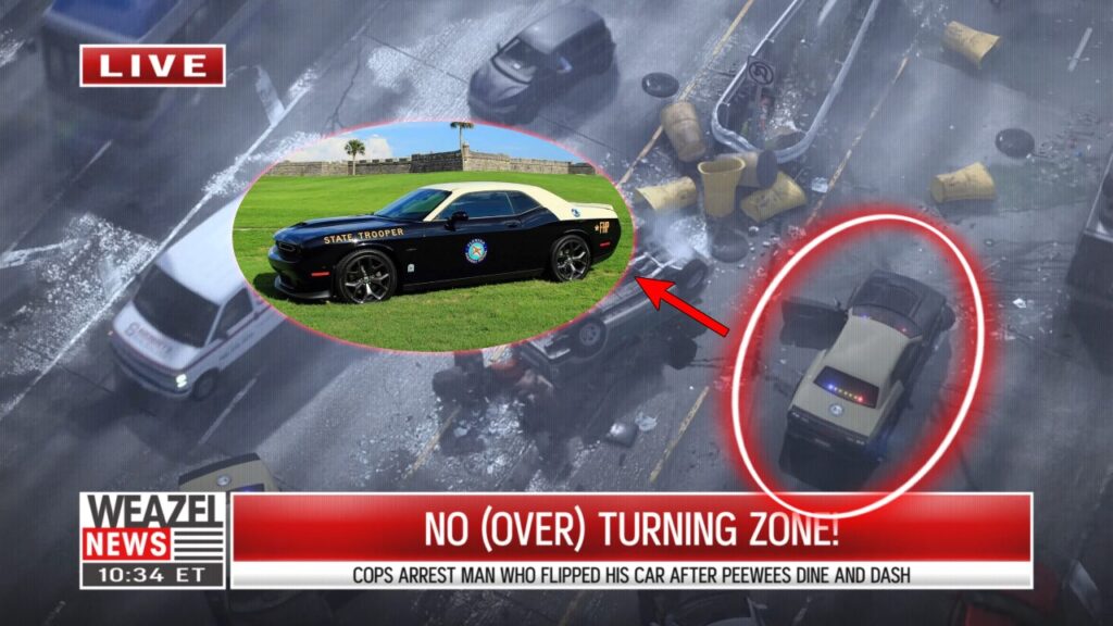Der Dodge Challenger FHP als Polizeiauto (lackiert in den Farben der Florida Highway Patrol) bei 1:04, in der Nähe eines umgekippten SUV