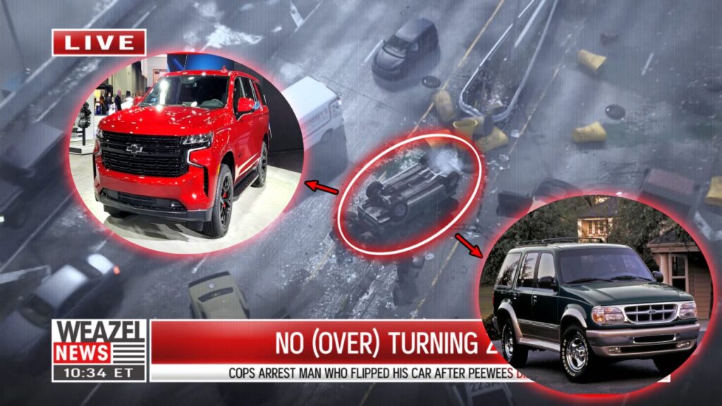 Ein umgekipptes Auto bei dem Unfall könnte der Ford Explorer 2nd Generation oder der Chevrolet Tahoe sein 