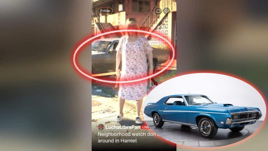 Der Mercury Cougar (Modell 1969/1970) hinter der Frau mit 2 Händen