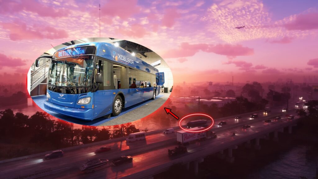 Der New Flyer Xcelsior ist auf der Brücke zu sehen