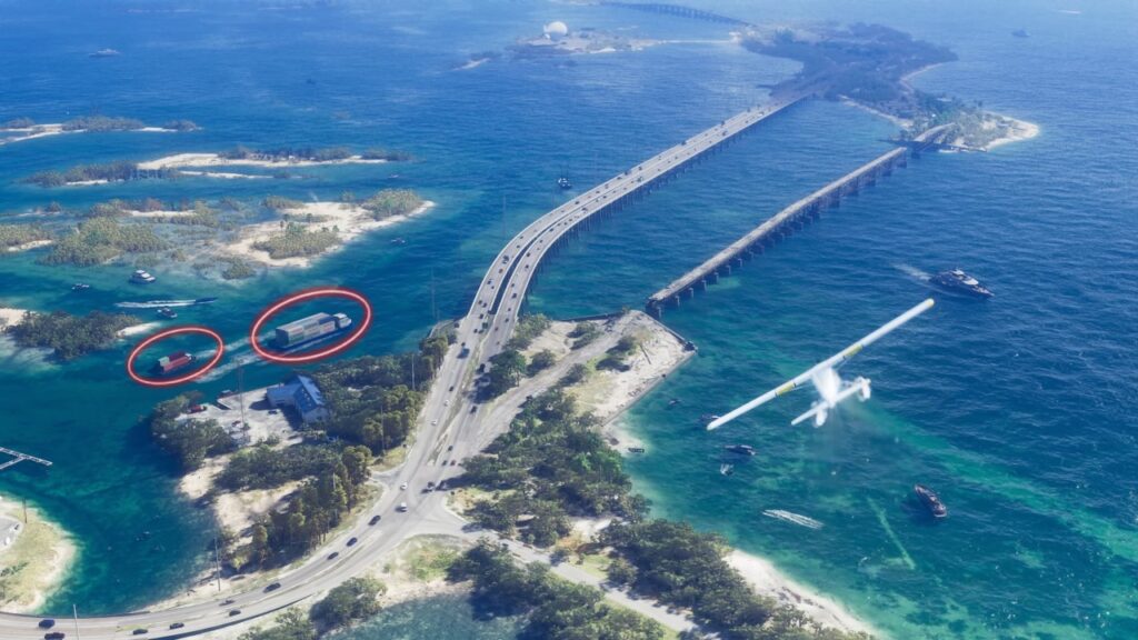 2 unbekannte Containerschiffe sind in der Luftbildszene zu sehen