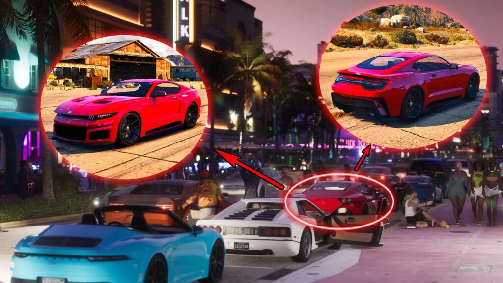 The Vapid Dominator GTX with red paint in the Ocean Drive hotel scene