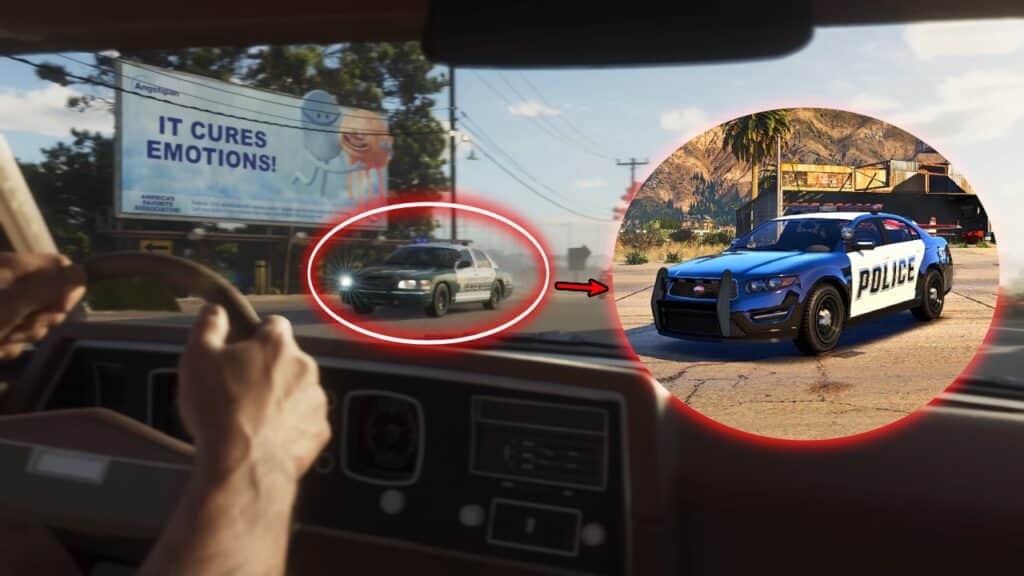 The Vapid Police Cruiser can be seen at the scene which Jason is sitting on his car and take a look at it