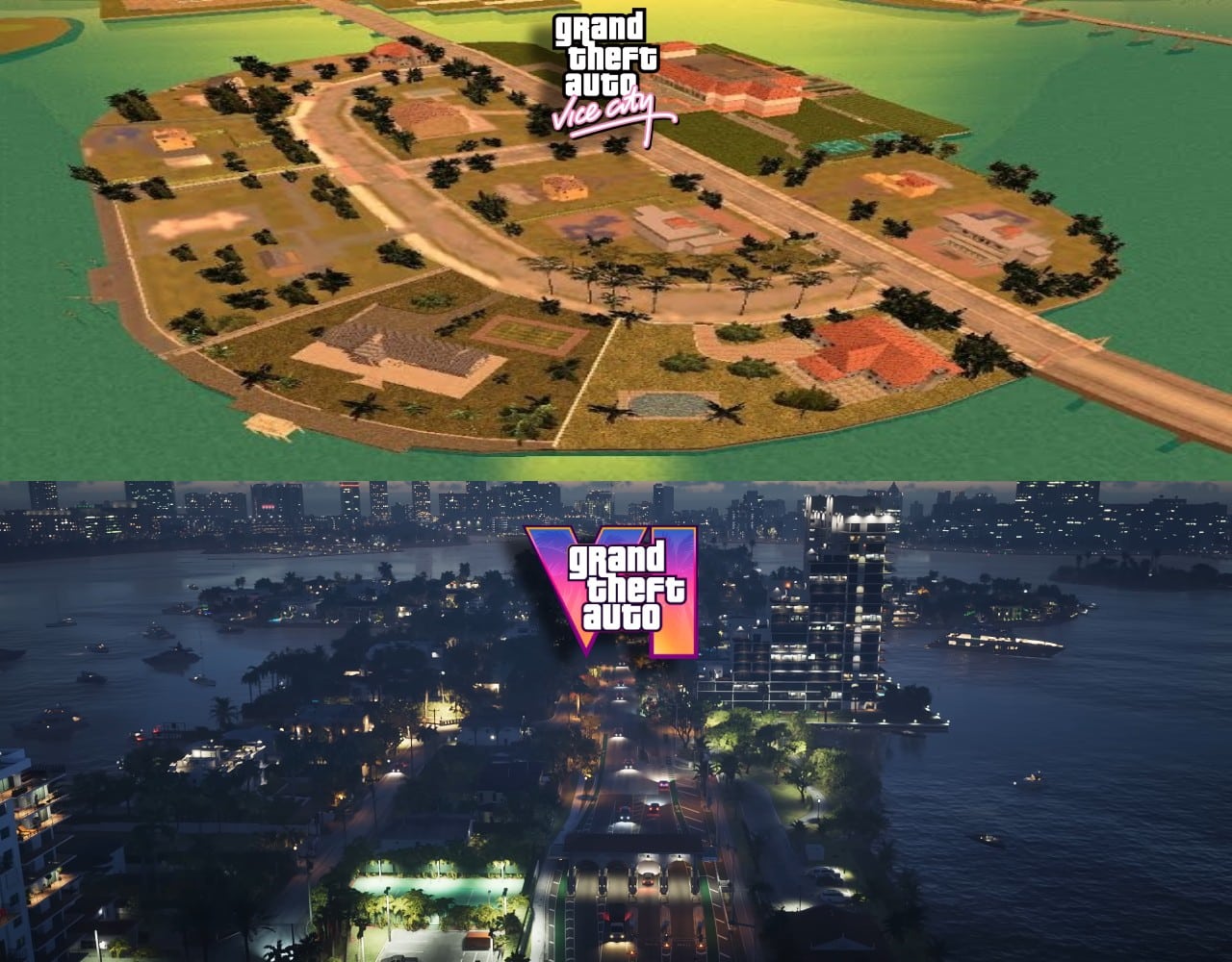 Die Luftaufnahme der Stadt in GTA Vice City und GTA 6 Trailer