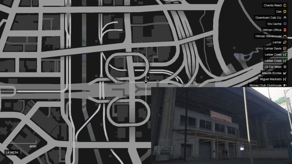 Eine Karte mit der Lage der Unit 1 Olympic Freeway Garage und einem Schnappschuss des Grundstücks.