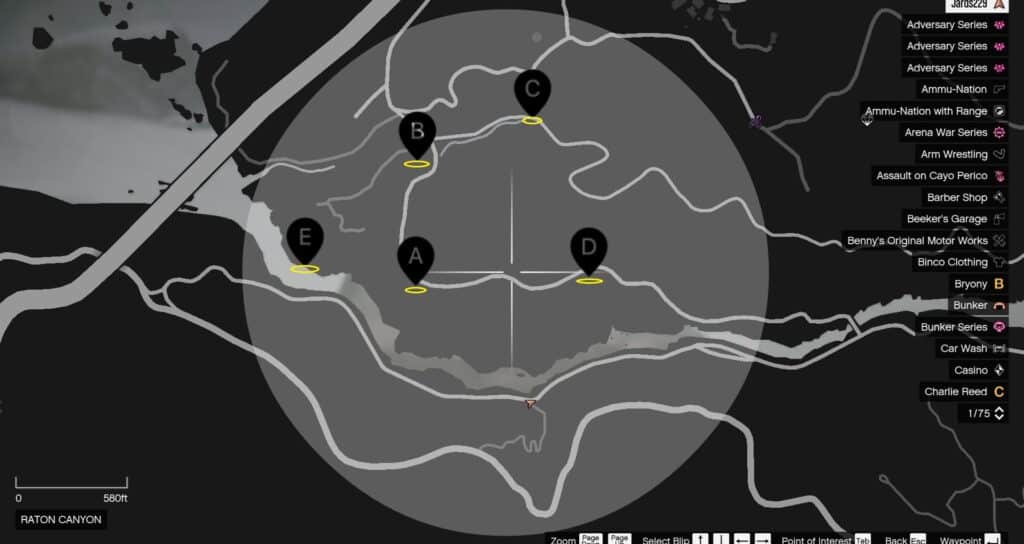 A map of the Raton Canyon for searching the Yeti in GTA Online.