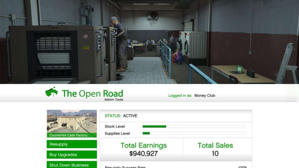 The Counterfeit Cash Factory and management screen in GTA Online.