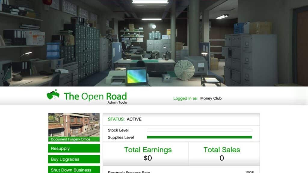 The Document Forgery Office and management screen in GTA Online.