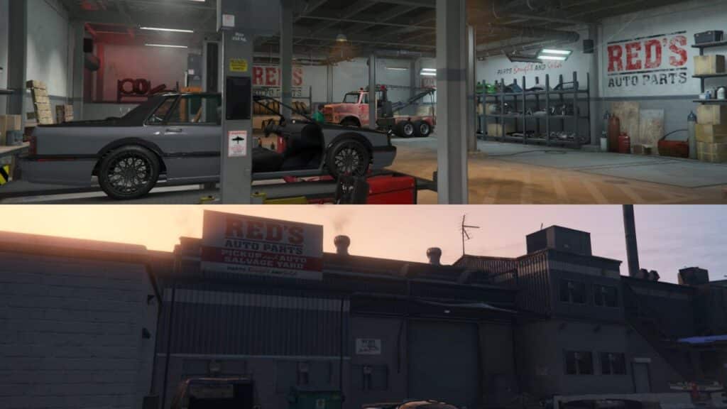 The exterior and interior of the Salvage Yard in GTA Online.