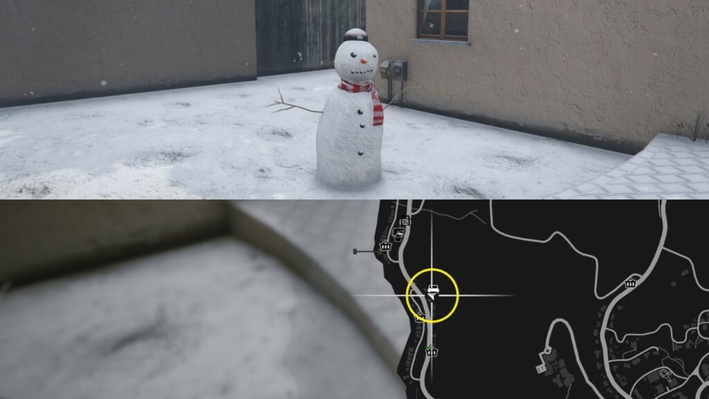 Ein Schneemann und eine Karte der Banham-Schlucht in GTA Online.