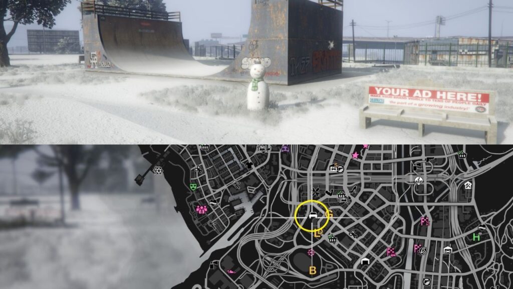 Ein Schneemann und eine Karte der Chamberlain Hills in GTA Online.