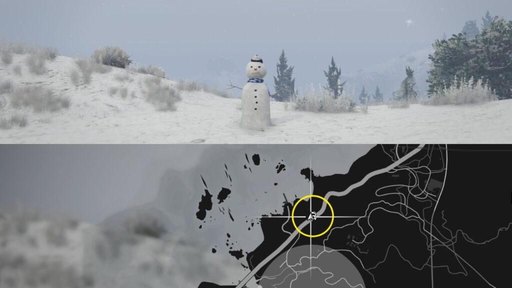 Ein Schneemann und eine Karte der Chiliad Mountain State Wilderness in GTA Online.