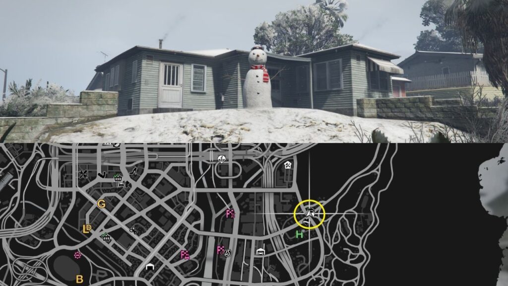 Ein Schneemann und eine Karte der El Burro Heights in GTA Online.