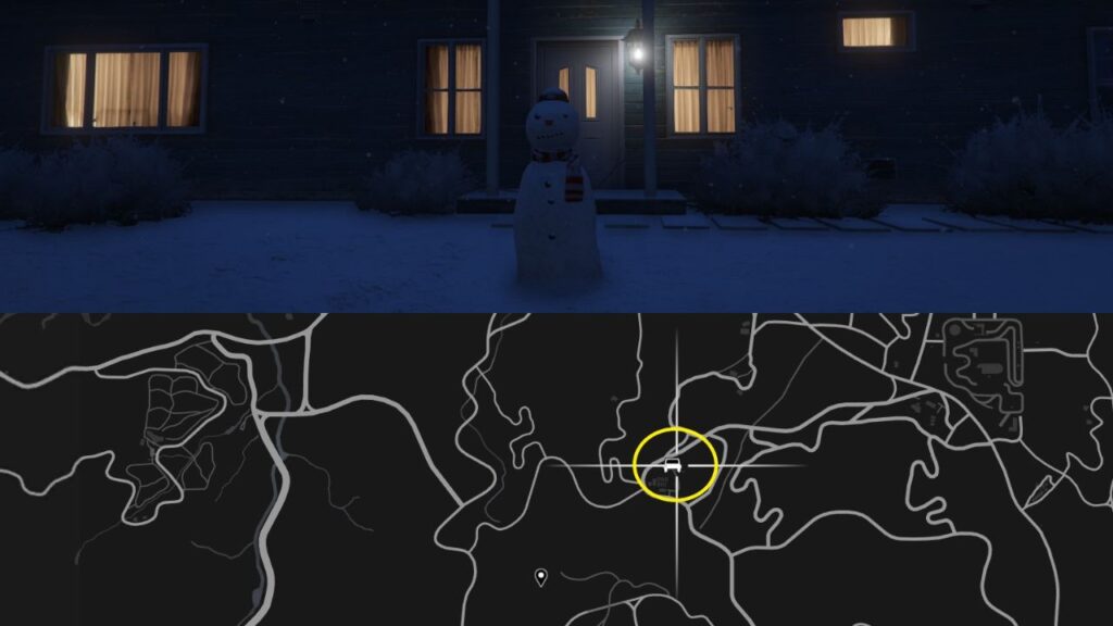 Ein Schneemann und eine Karte der Grand Senora Wüste in GTA Online.