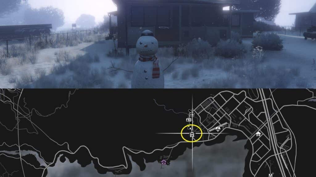Ein Schneemann und eine Karte von Grapeseed in GTA Online.