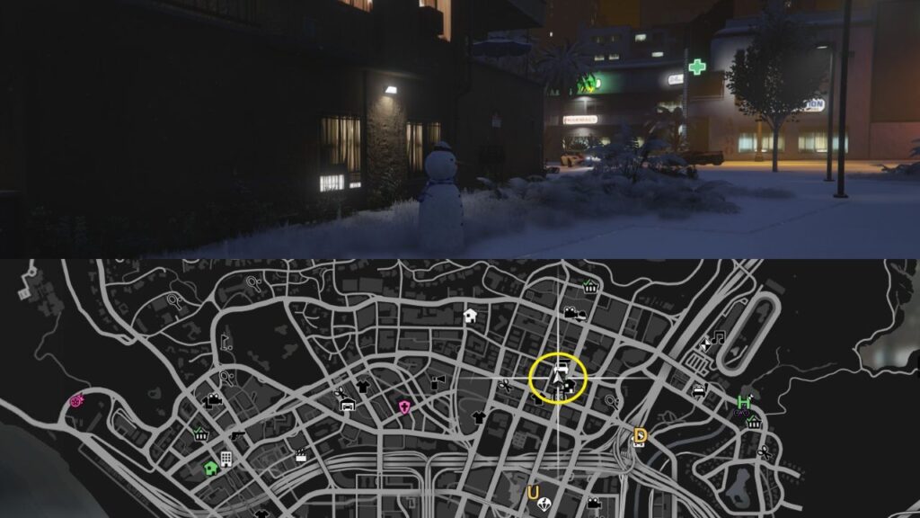 Ein Schneemann und eine Karte von Hawick in GTA Online.