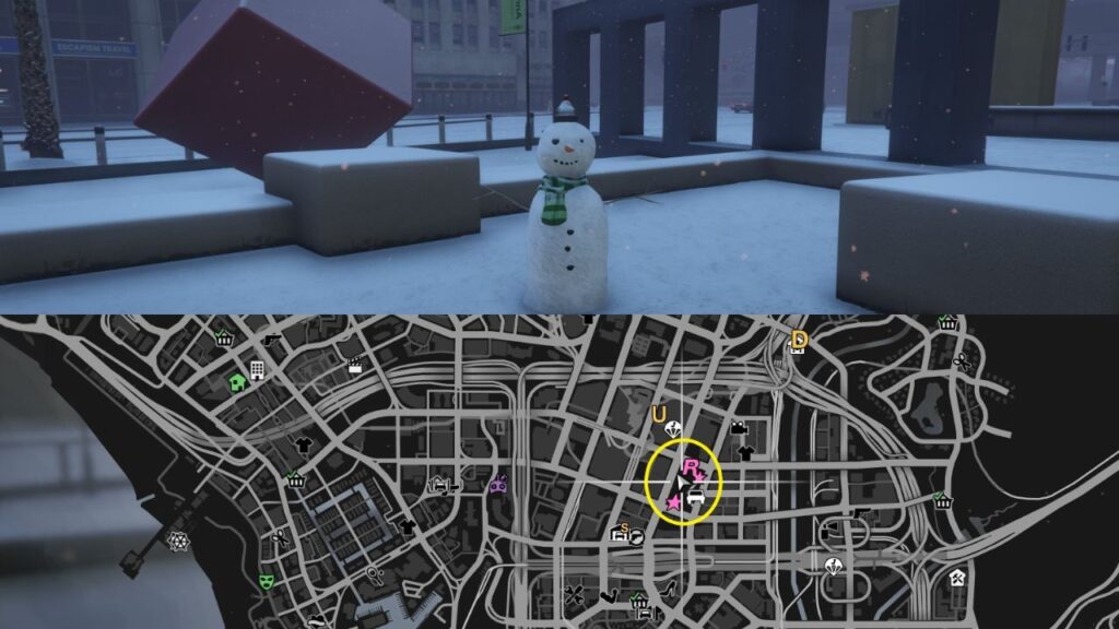 Ein Schneemann und eine Karte des Legion Square in GTA Online.
