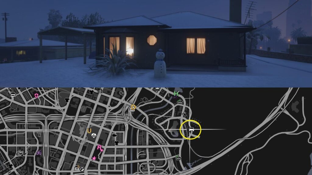 Ein Schneemann und eine Karte des Mirror Parks in GTA Online.