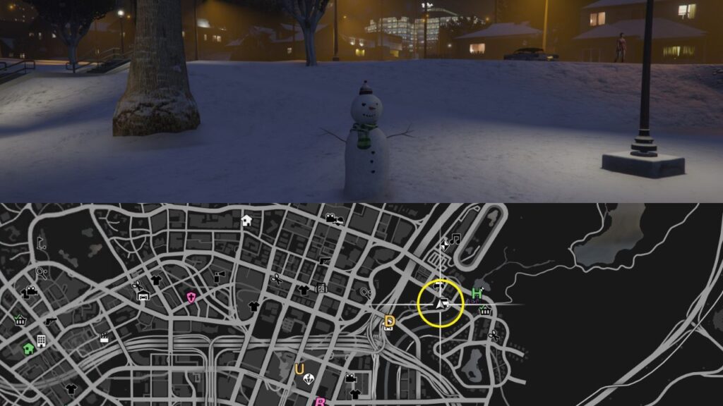 Ein Schneemann und eine Karte des Mirror Parks in GTA Online.
