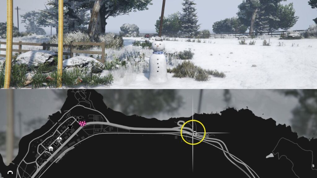 Ein Schneemann und eine Karte des Mount Chiliad in GTA Online.