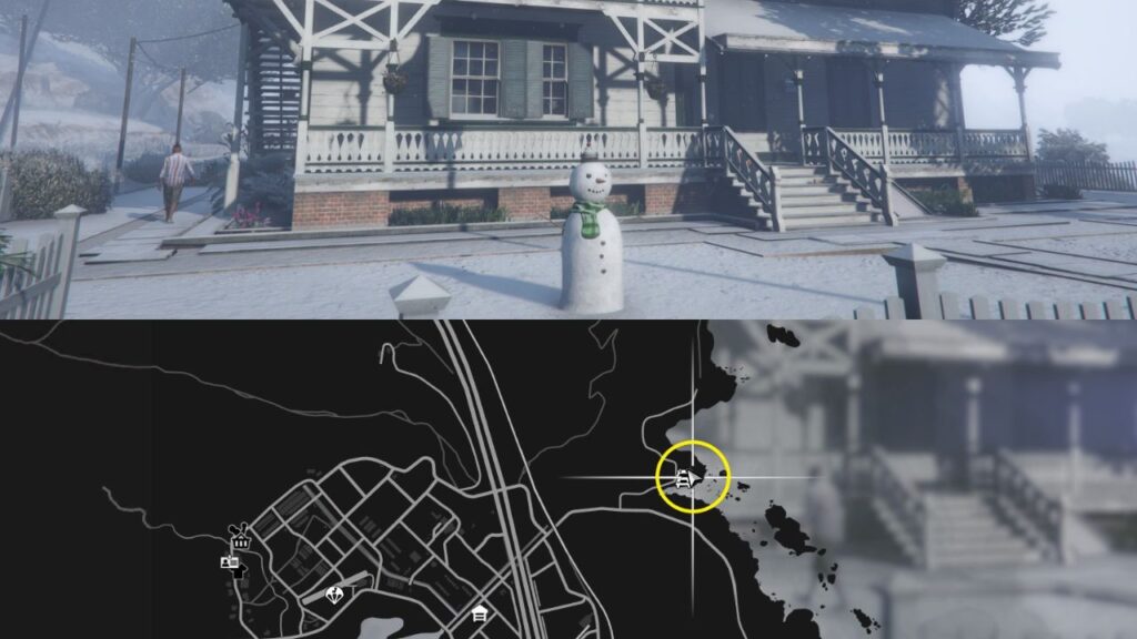 Ein Schneemann und eine Karte von Mount Gordo in GTA Online.