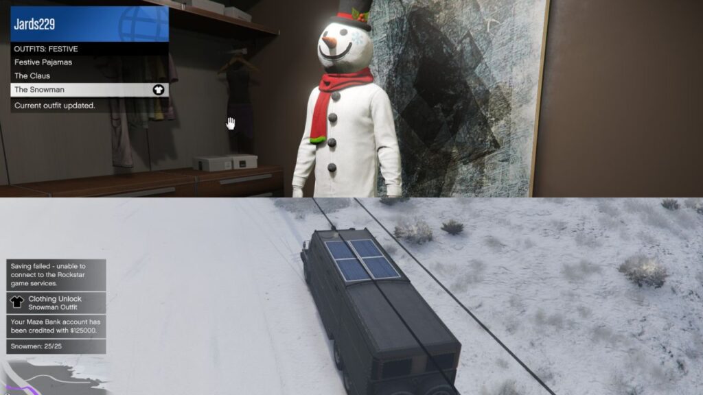 Der Spieler mit dem Schneemann-Anzug und dem Abschluss der Aktivität in GTA Online.